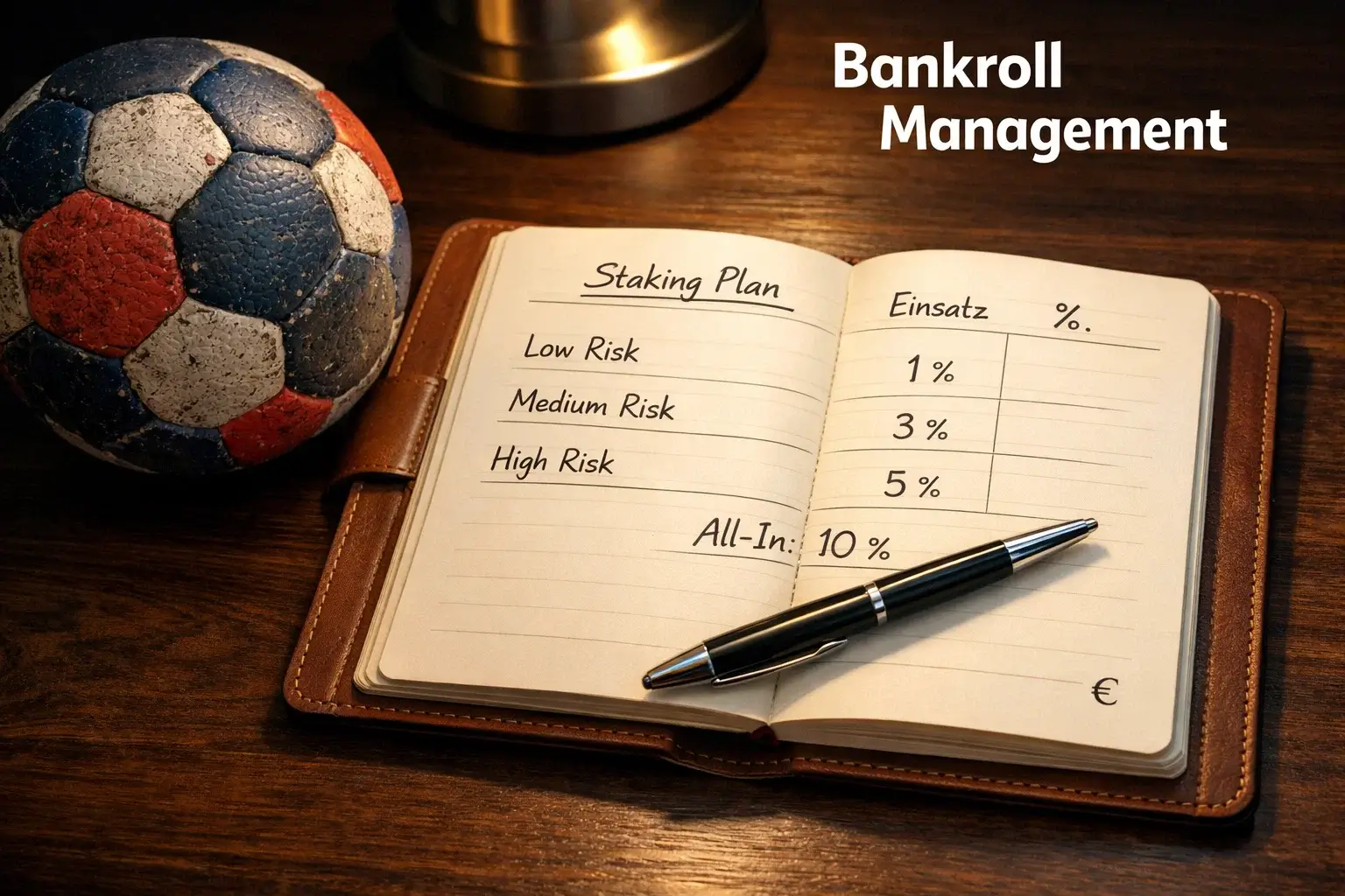 Notizbuch mit handgeschriebenem Staking-Plan neben einem Handball – Bankroll Management für Sportwetten