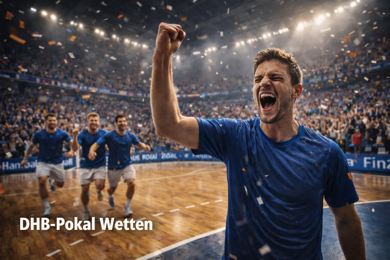 Handball-Spieler jubelt nach einem Pokalsieg mit geballter Faust in einer ausverkauften Halle – DHB-Pokal Wetten