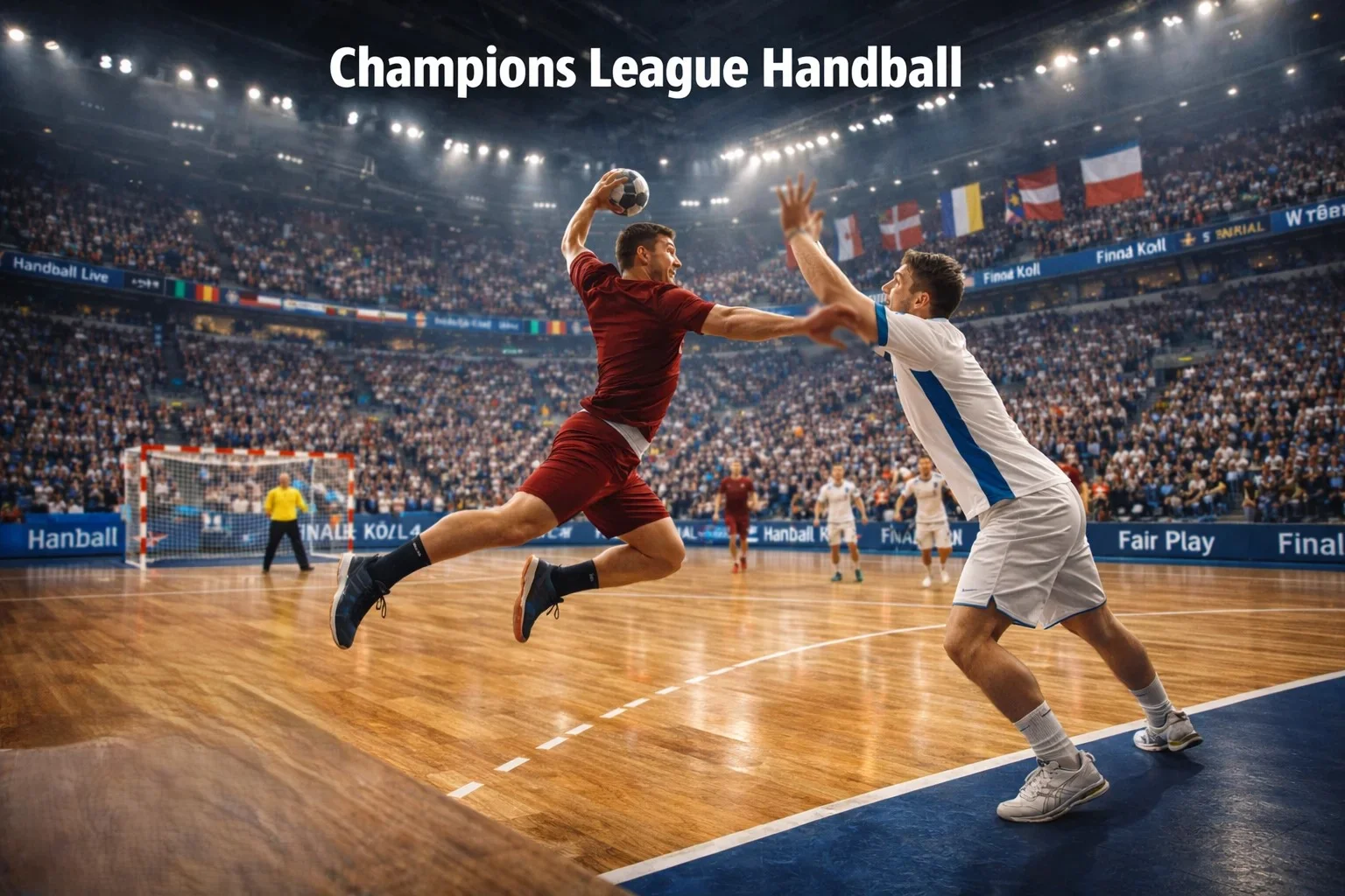 Handball-Spieler zweier europäischer Teams im Zweikampf in einer großen Arena – EHF Champions League Wetten