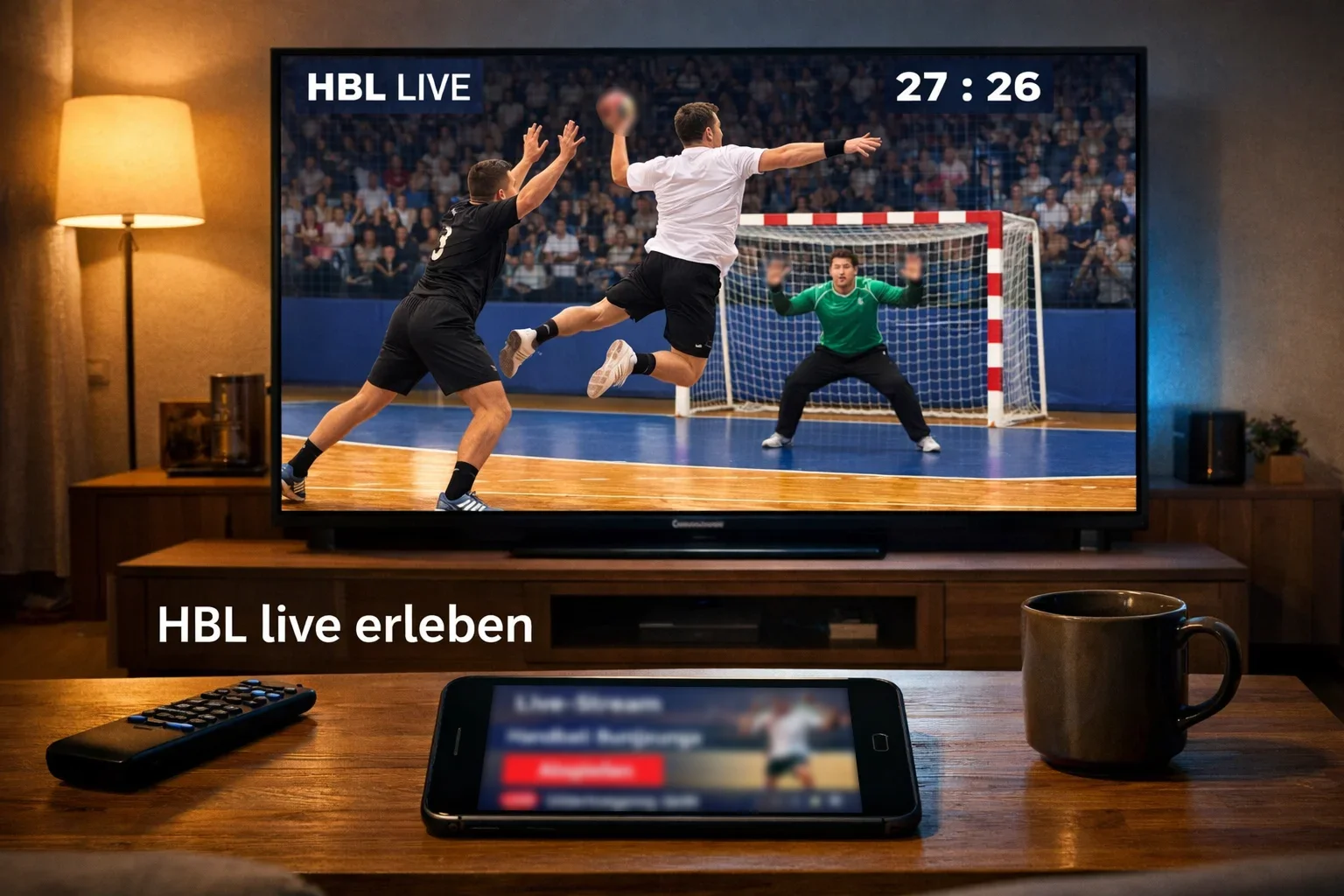 Handball Bundesliga Live-Übertragung auf einem Bildschirm mit Streaming-Setup