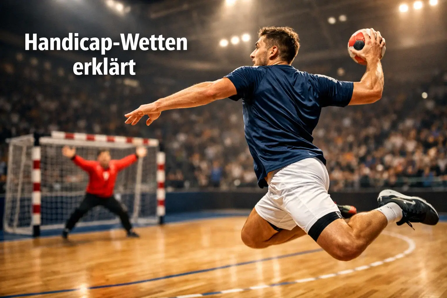 Handballspieler beim Wurf auf das Tor in einer Bundesliga-Halle – Handicap-Wetten im Handball