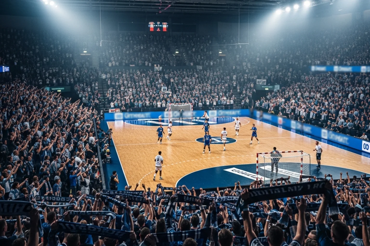 Begeisterte Fans in einer vollen Handball-Halle feuern die Heimmannschaft an – Heimvorteil in der HBL