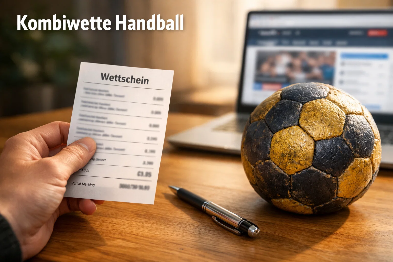 Wettschein und Kugelschreiber neben einem Handball auf einem Tisch – Kombiwetten im Handball