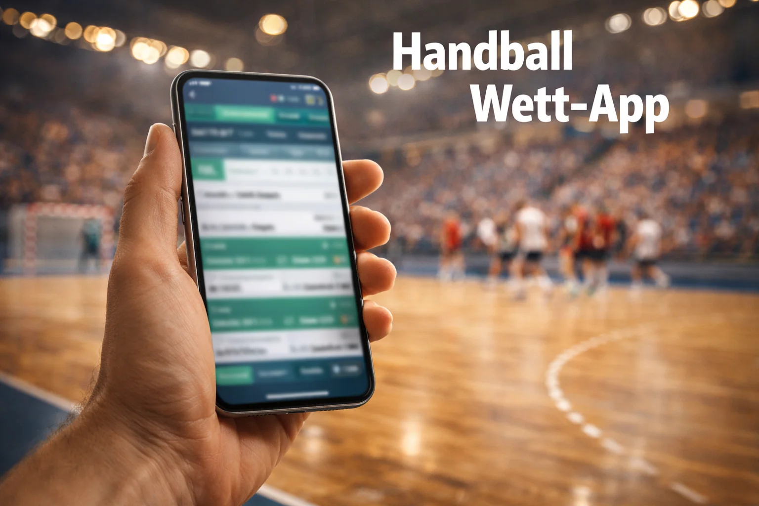 Hand hält ein Smartphone mit einer Sportwetten-App vor dem Hintergrund eines Handball-Spiels – mobile HBL-Wetten