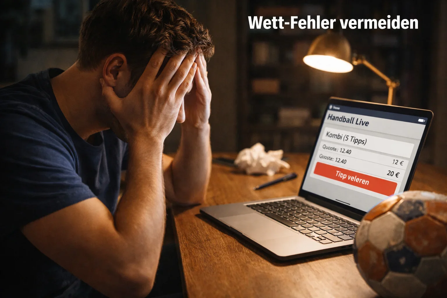 Frustrierter Mann hält sich den Kopf vor einem Laptop – typische Fehler bei Handball-Wetten vermeiden