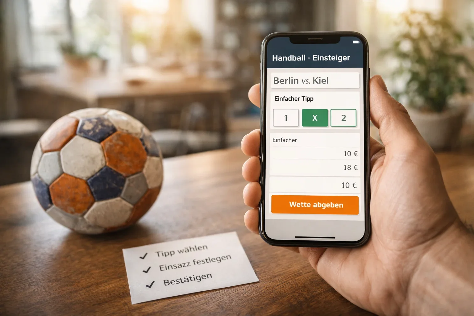 Junger Mann schaut lächelnd auf sein Smartphone mit einer Sportwetten-App neben einem Handball – Einstieg in Handball-Wetten