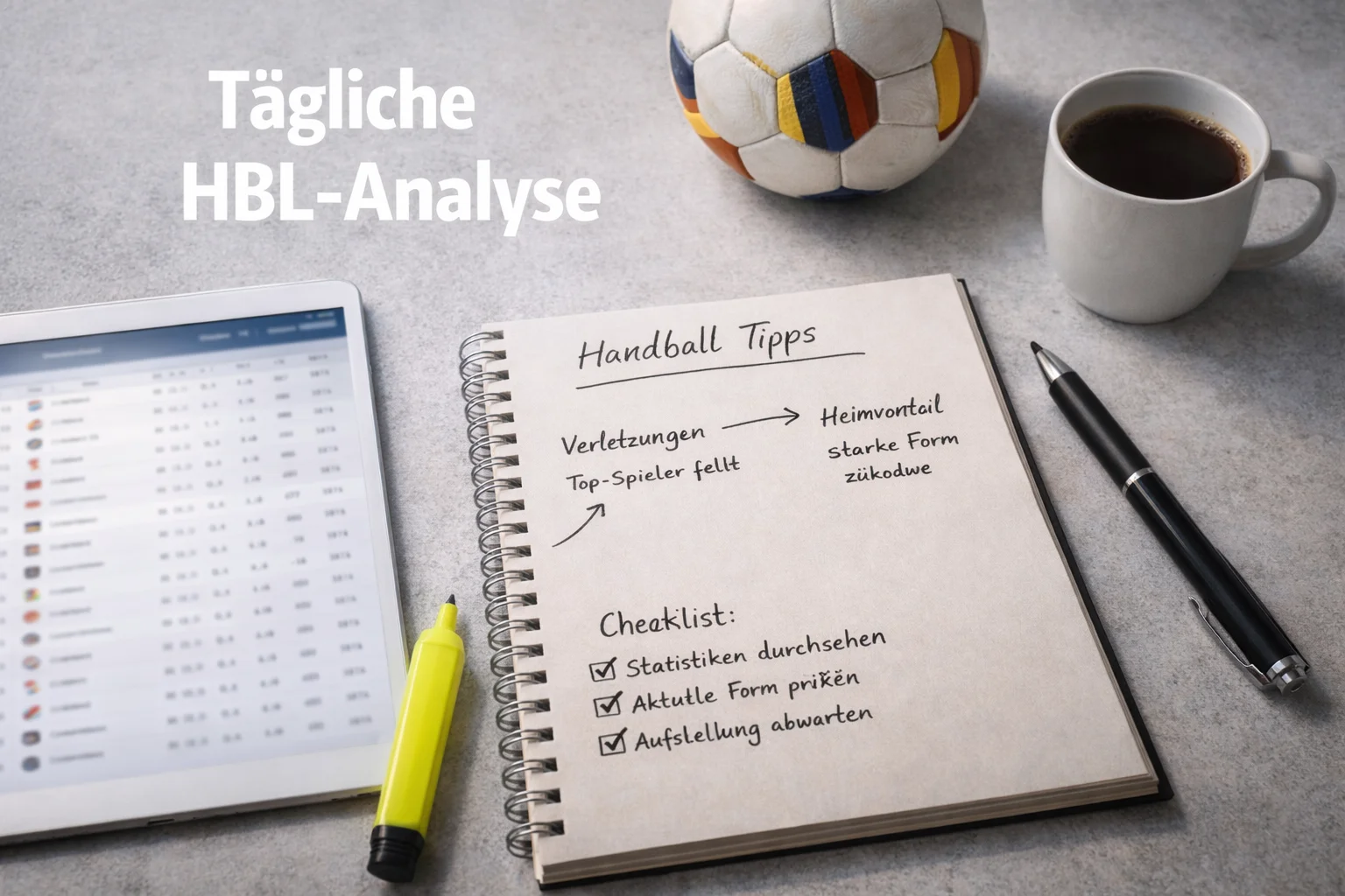 Handball-Wetten-Tipps — Analyse-Notizblock mit HBL-Spielplan und Statistiken