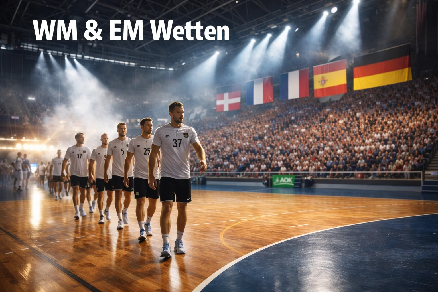 Handball-Nationalmannschaft beim Einlaufen in eine große Turnierhallle mit Länderflaggen – WM und EM Wetten