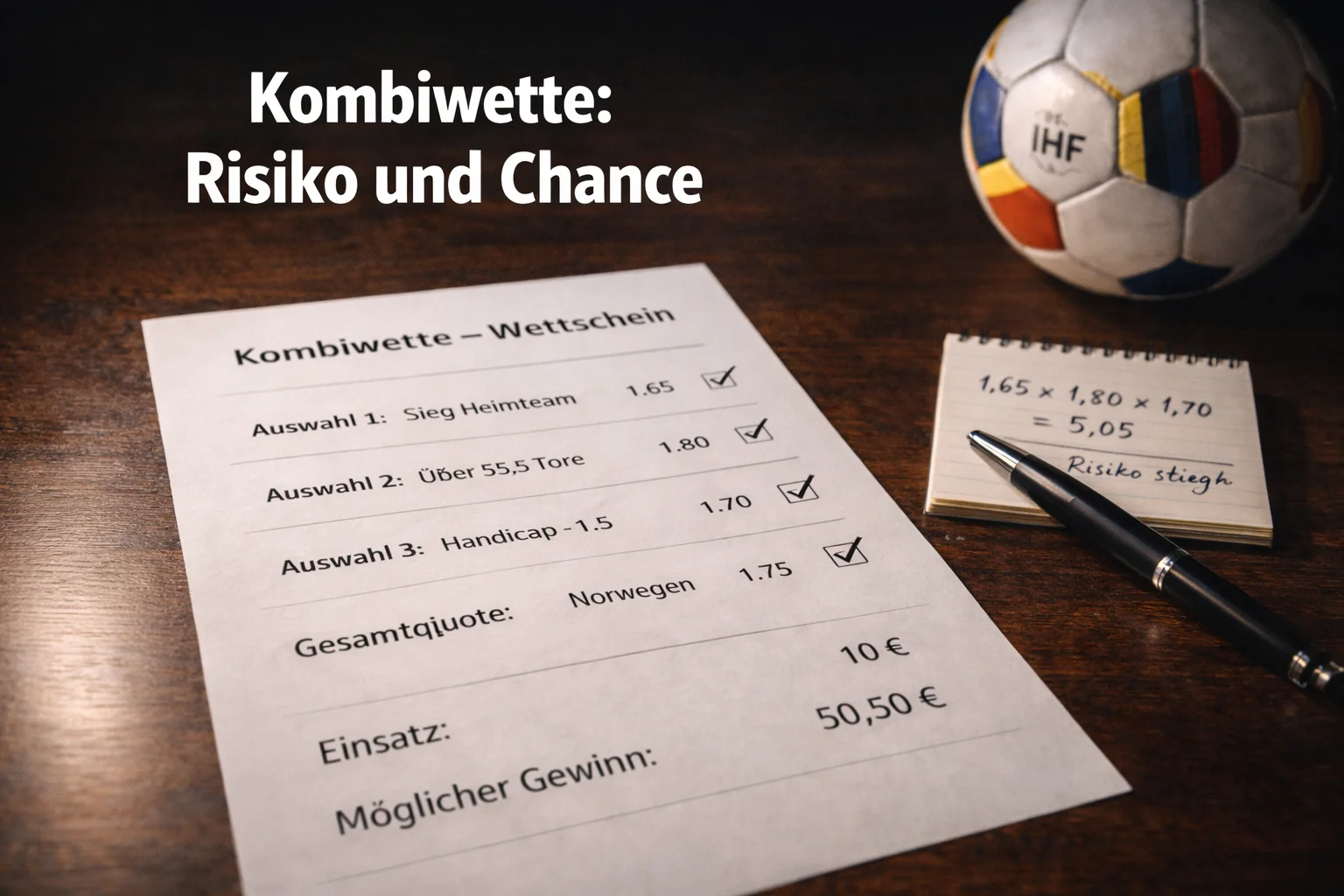 Kombiwette im Handball — Wettschein mit mehreren Auswahlen auf dem Tisch