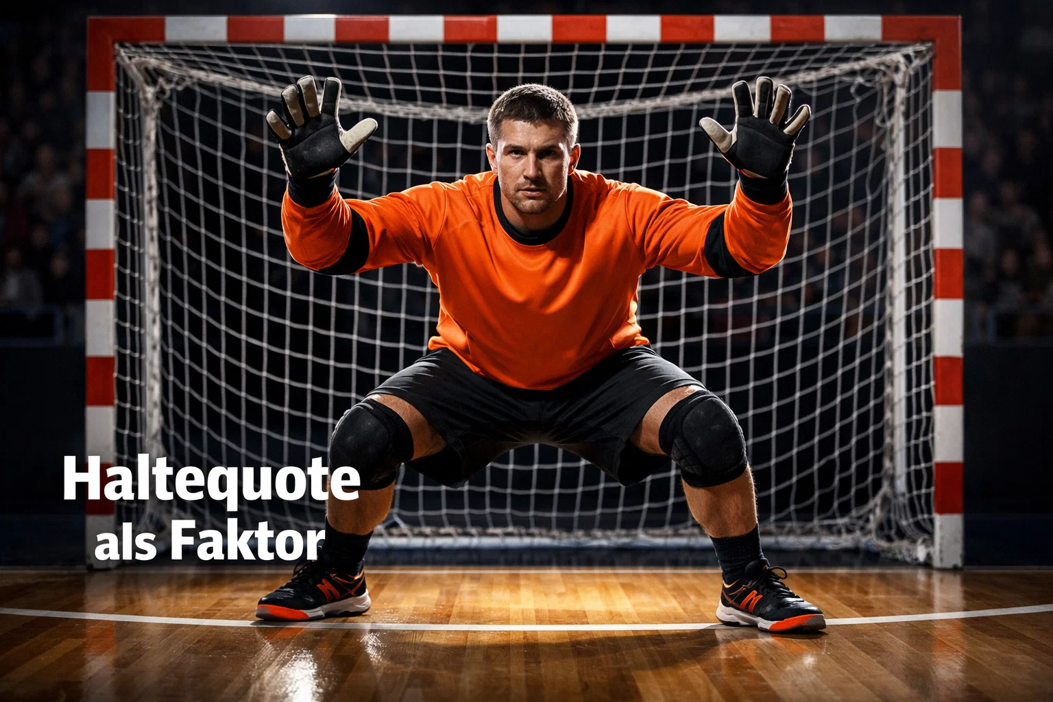 Handball-Torhüter in Abwehrposition vor dem Tor in einer Bundesliga-Halle – Haltequote als Wettfaktor