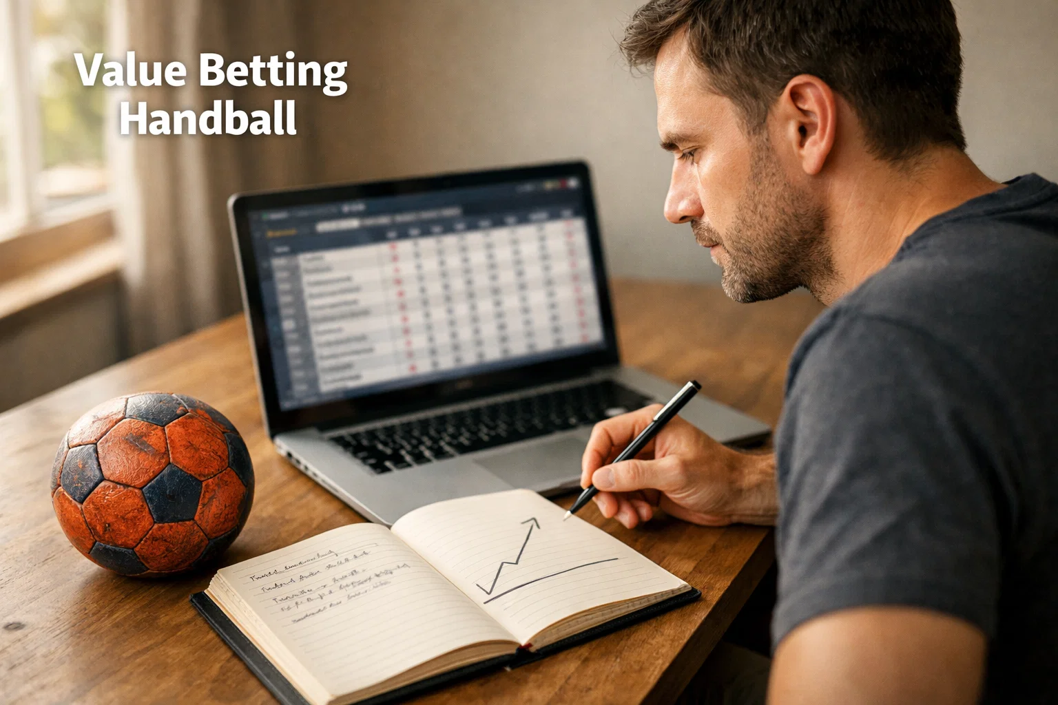 Mann analysiert Handball-Statistiken auf einem Laptop mit Notizblock – Value Betting im Handball