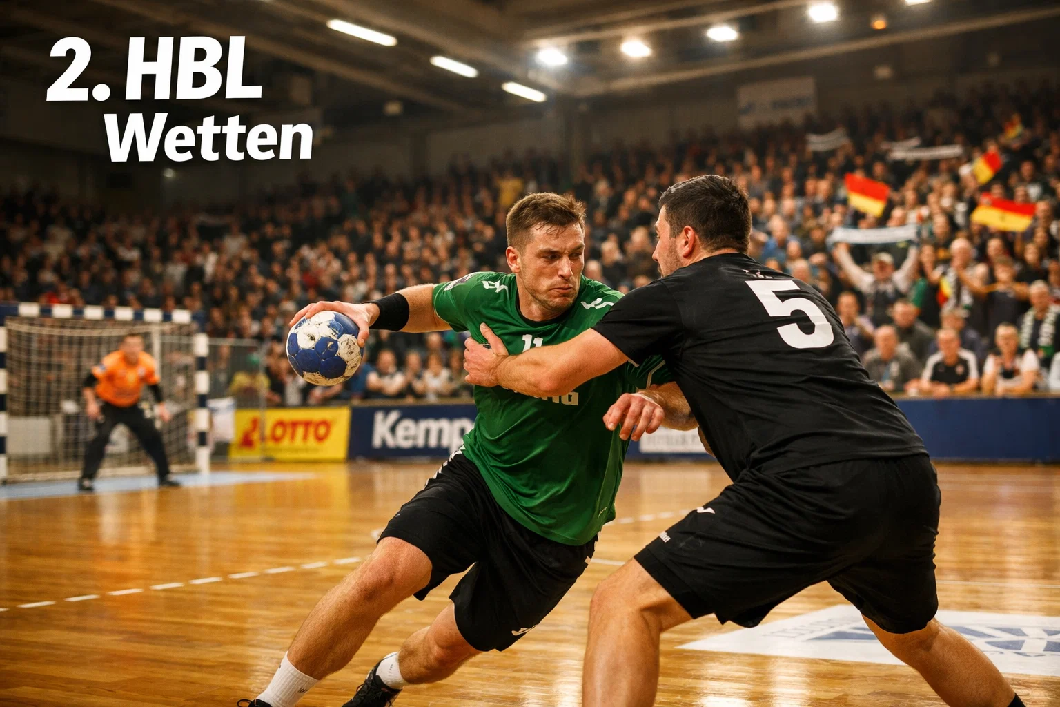 Handball-Spielszene in einer kleineren Arena der 2. Bundesliga mit engagierten Fans – Wetten auf die 2. HBL